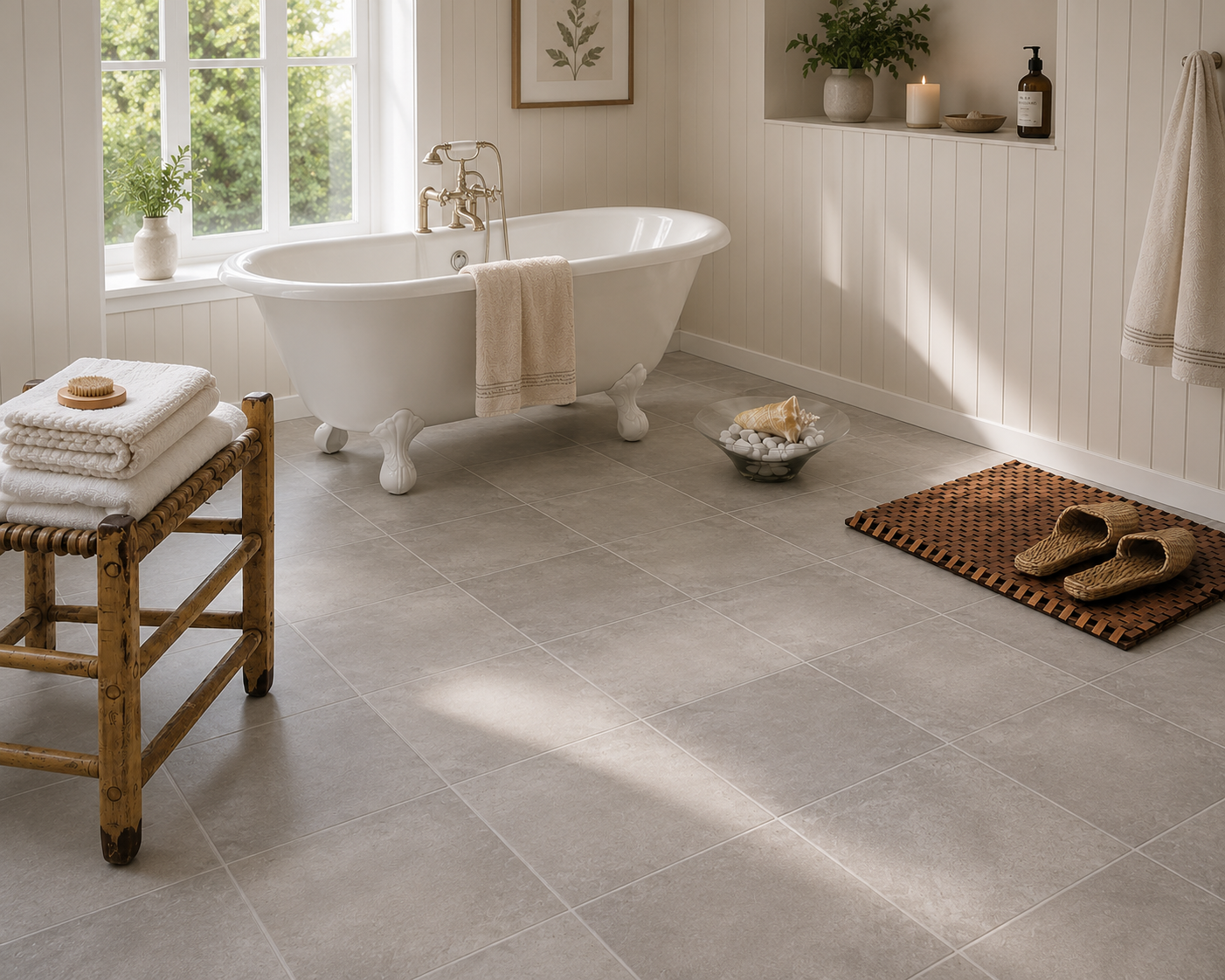Stone-effect tiled vinyl bathroom flooring