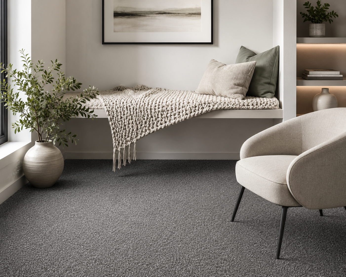 Cosy bench nook with plush grey carpet