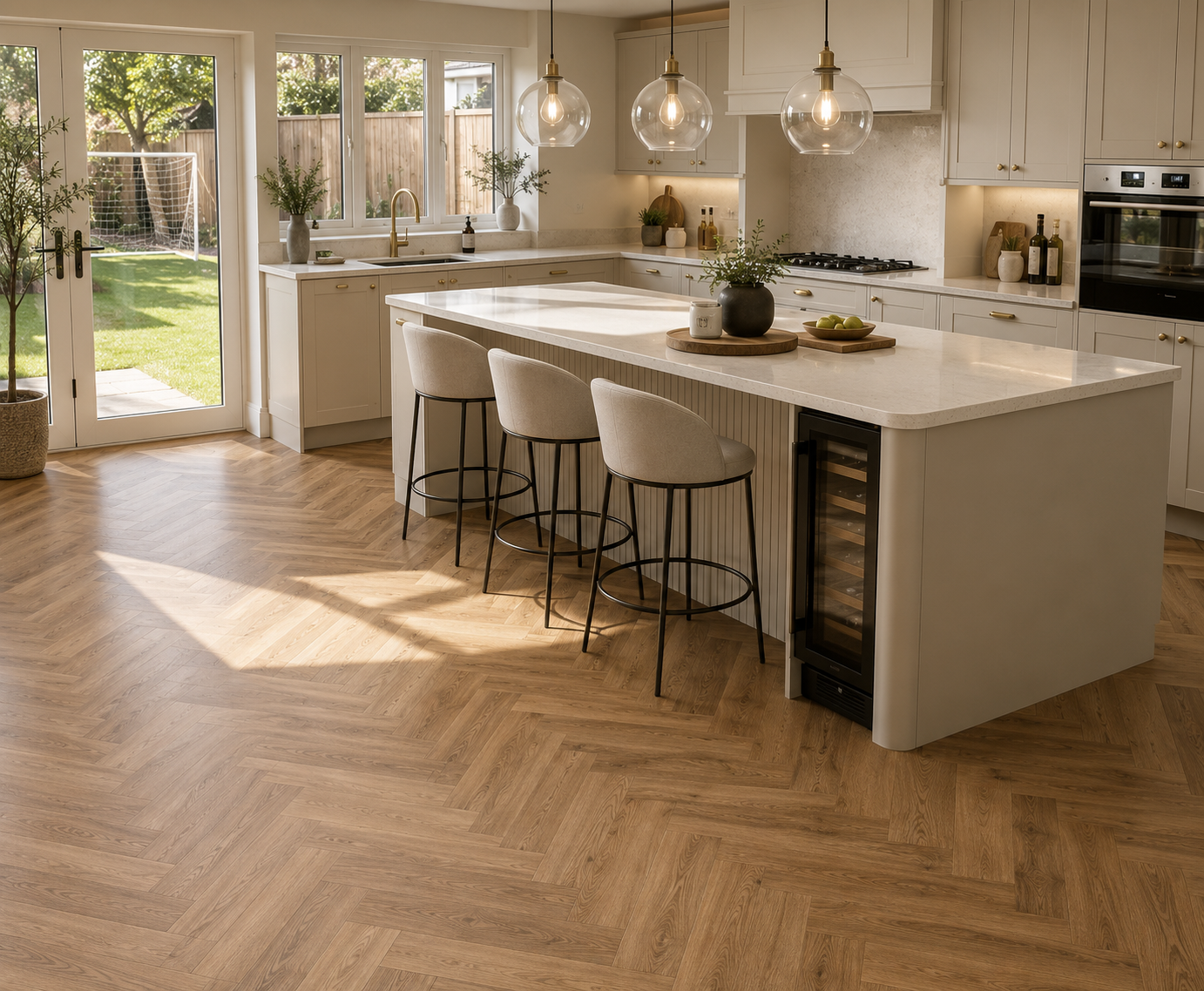 Herringbone vinyl flooring in a modern kitchen