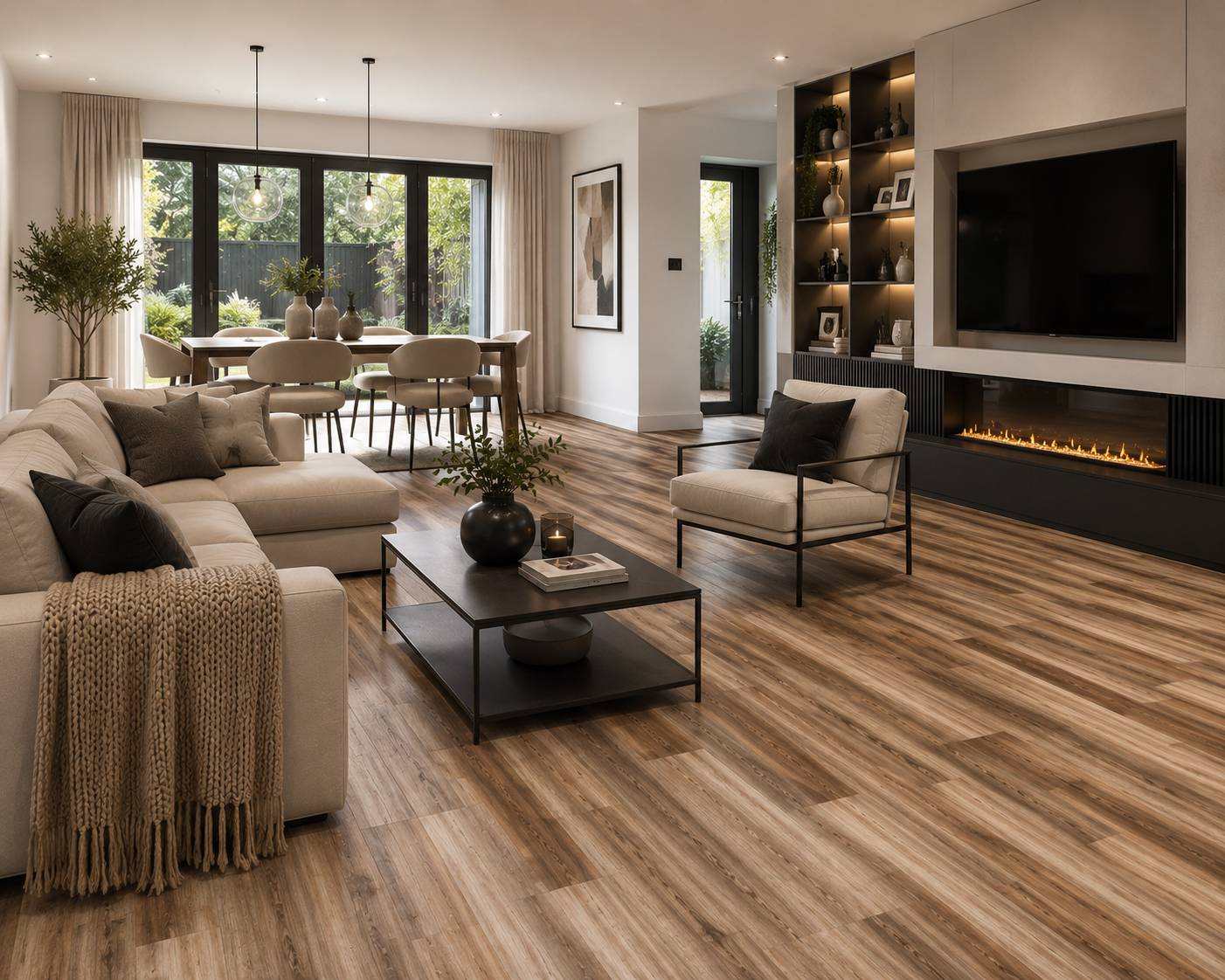 Warm wood-effect laminate in an open-plan living space