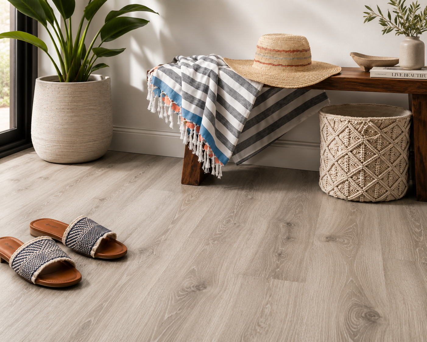 Wood effect vinyl flooring in a bright hallway