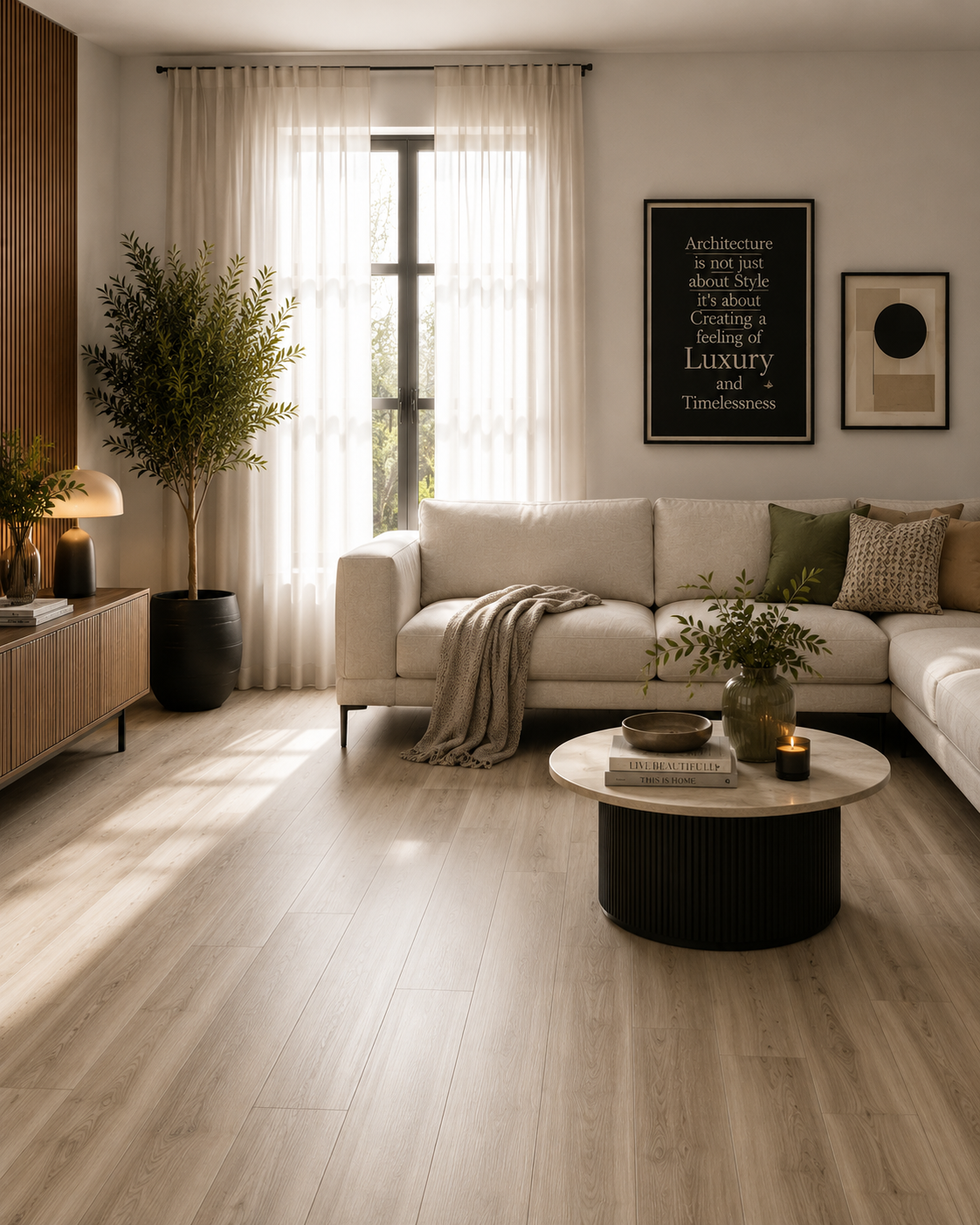 Light oak hybrid laminate in a modern living room