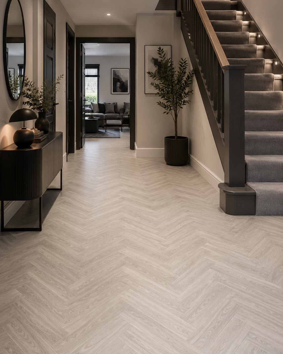 Professionally fitted herringbone vinyl hallway